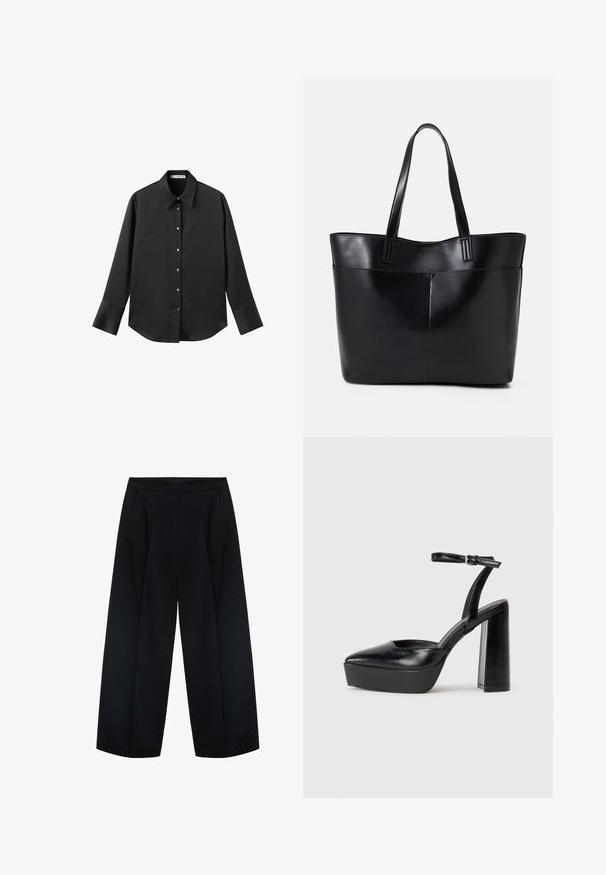 Crna košulja dugih rukava od glatkog materijala, s klasičnim ovratnikom, prednjim kopčanjem na dugmad u boji zlatne i širokim manžetnama.; Crne široke hlače od tkanine, s visokim strukom i dvije prednje džepove. Glatka tekstura s čistim linijama.; Crne platforme s potpeticom s oštrim vrhom i podešivom naramenicom. Izrađene od glatke kože, s masivnom blok petom.; Crna kožna torba s dugim ručkama, glatkom teksturom i strukturiranim oblikom. Ima prednju džep za dodatno pohranu.
