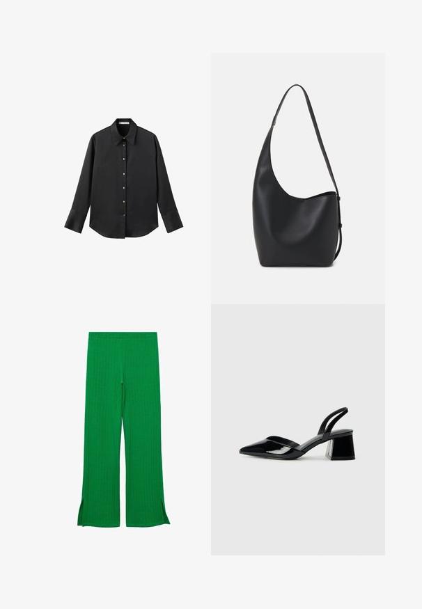 Black long-sleeve shirt in smooth fabric, featuring a classic collar, front button closure with gold-tone buttons, and wide cuffs.; Green knit pants with a textured design, featuring a wide leg and side slits at the bottom hem, providing a relaxed fit.; Black patent leather slingback heels with a pointed toe and a geometric block heel. Features a sleek, minimal design and smooth texture.; Black leather hobo bag with a smooth texture, curved shape, and single adjustable strap; features a wide opening at the top.