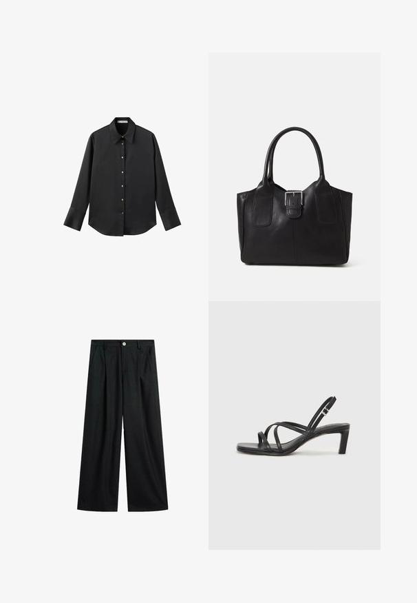 Schwarz langärmliges Hemd aus glattem Stoff, mit klassischem Kragen, frontaler Knopfleiste mit goldfarbenen Knöpfen und breiten Manschetten.; Schwarze weite Hose mit dezenten Nadelstreifen, vorderem Knopfverschluss, Gürtelschlaufen und seitlichen Taschen, flach auf weißem Hintergrund ausgelegt.; Schwarze Sandale mit Riemchen, quadratischer Zehenform und niedrigem Blockabsatz. Verfügt über mehrere dünne Riemen und einen verstellbaren Knöchelriemen. Hergestellt aus glattem Leder.; Schwarze Leder-Tote mit glatter Textur, strukturiertem Design, zwei Griffen und einem auffälligen silbernen Schnallen-Detail auf der Vorderseite.