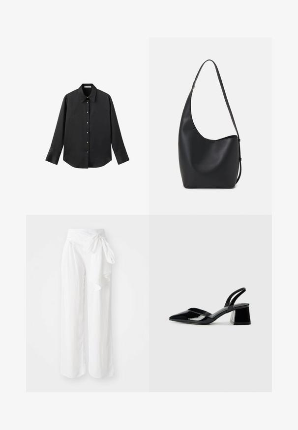 Black long-sleeve shirt in smooth fabric, featuring a classic collar, front button closure with gold-tone buttons, and wide cuffs.; White wide-leg pants with a soft, lightweight fabric. Features a tied waistband and flowing, draped design for ease of movement.; Black patent leather slingback heels with a pointed toe and a geometric block heel. Features a sleek, minimal design and smooth texture.; Black leather hobo bag with a smooth texture, curved shape, and single adjustable strap; features a wide opening at the top.