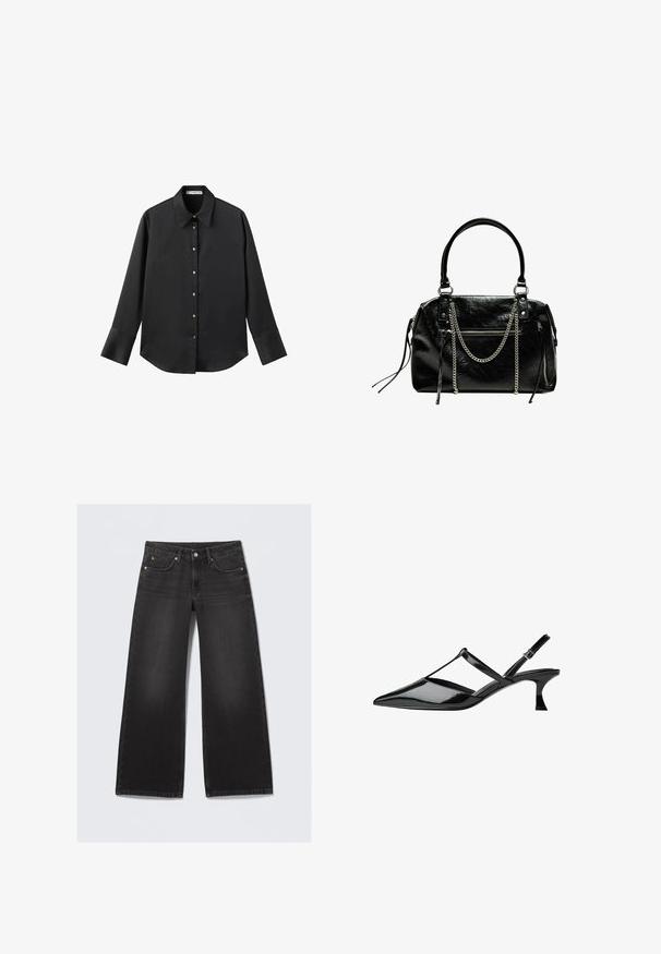 Čierna dlhá rukávová košeľa z hladkého materiálu, s klasickým golierom, predným zapínaním na gombíky so zlatými gombíkmi a širokými manžetami.; Čierne široké denimové nohavice s piatimi vreckami a zapínaním na gombík, položené na svetlom pozadí.; Čierne lesklé lakované slingback podpätky s špicatou špičkou, krížovým popruhom a zúženým stredným podpätkom. Hladký, lesklý povrch s detailom výrezu.; Bershka WITH CHAIN - Kabelka - black