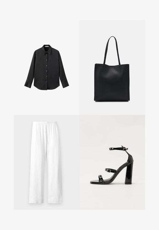 Schwarz langärmliges Hemd aus glattem Stoff, mit klassischem Kragen, frontaler Knopfleiste mit goldfarbenen Knöpfen und breiten Manschetten.; Weiße Leinenhose mit lockerem Schnitt, elastischem Bund und Kordelzug, sowie geraden Beinen mit einem sauberen Saum.; Schwarze patentierte Sandalen mit Absatz, quadratischer Spitze, Knöchelriemen und silbernen Schnallen. Mit einem stabilen Blockabsatz für mehr Stabilität.; Schwarze Laptoptasche aus Leder mit glatter Textur, rechteckiger Form und zwei langen Griffen. Keine sichtbaren Beschläge oder Verzierungen.