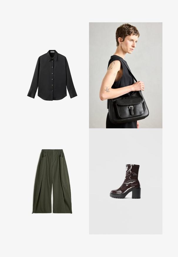 Chemise noire à manches longues en tissu lisse, dotée d'un col classique, d'une fermeture à boutons sur le devant avec des boutons dorés, et de larges poignets.; Pantalons larges en tissu vert olive, avec une taille élastique, deux poches latérales et une finition texturée.; Bottines bordeaux brillantes à talon épais noir, avec une texture lisse et un design simple. Aucune fermeture visible ni motifs.; Sac à épaule en cuir noir avec un rabat avant, détail de boucle et texture lisse. Dispose d'une seule sangle d'épaule et d'un design minimaliste.