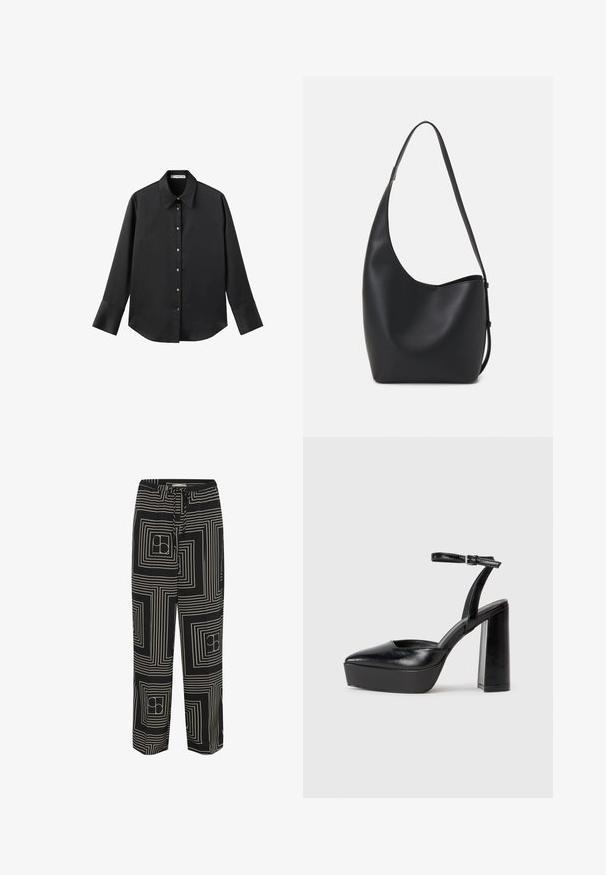 Crna košulja dugih rukava od glatkog materijala, s klasičnim ovratnikom, prednjim kopčanjem na dugmad u boji zlatne i širokim manžetnama.; Crne hlače sa geometrijskim uzorkom bijelih linija i kvadrata, dizajnirane s pojasom na vezanje i širokim nogavicama.; Crne platforme s potpeticom s oštrim vrhom i podešivom naramenicom. Izrađene od glatke kože, s masivnom blok petom.; Crna kožna hobo torba s glatkom teksturom, zakrivljenim oblikom i jednom podesivom trakicom; ima širok otvor na vrhu.