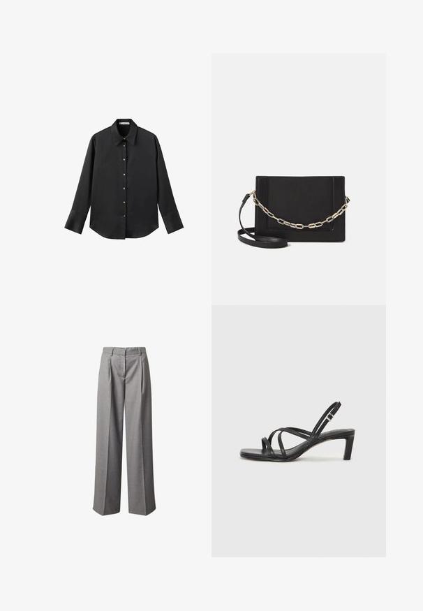 Zwarte lange mouwen shirt van gladde stof, met een klassieke kraag, een sluiting met knopen aan de voorkant met gouden knopen en brede manchetten.; Grijze wijde broek gemaakt van een gestructureerde stof, met plooien, een middelhoge tailleband en nette, op maat gemaakte lijnen.; Zwarte sandaal met bandjes, vierkante teen en een lage blokhak. Voorzien van meerdere dunne bandjes en een verstelbare enkelband. Gemaakt van zacht leer.; Zwarte leren schoudertas met een gladde textuur, rechthoekige vorm en een metallic kettingdetail aan de voorkant. Verstelbare schouderband inbegrepen.