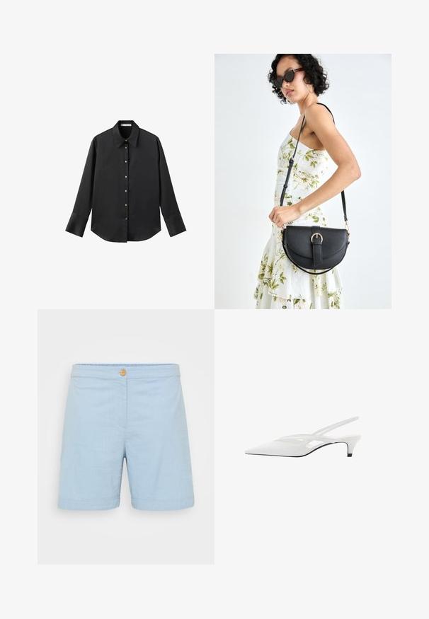 Črna majica z dolgimi rokavi iz gladkega materiala, z klasičnim ovratnikom, sprednjim zapiranjem na gumbe z zlatimi gumbi in širokimi manšetami.; Svetlo modri šorti iz mehkega, strukturiranega blaga. Imajo en leseni gumb na pasu in zavit rob.; Bela slingback peta z ošiljenim nosom, z gladkim zgornjim delom, subtilnimi izrezi in nizkim blok petkom. Črna podplat poudarja dizajn.; Črna usnjena torbica s ukrivljeno obliko, z odstranljivo naramnico in zlatimi dodatki. Torbica ima pokrov s podrobnostmi v obliki zaponke.