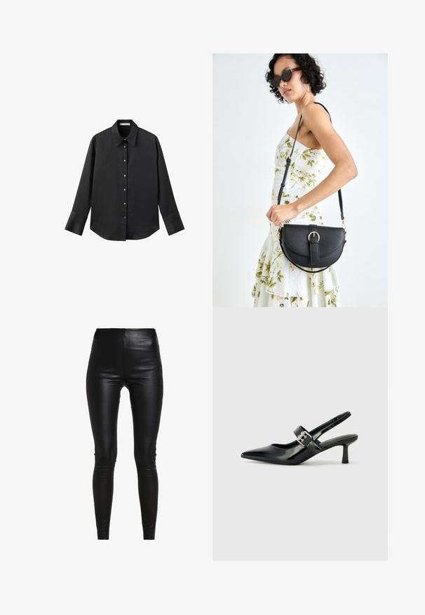 Černá dlouhá rukávová košile z hladkého materiálu, s klasickým límečkem, předním zapínáním na knoflíky ve zlatém tónu a širokými manžetami.; Černé legíny z umělé kůže s vysokým pasem, přiléhavým střihem, hladkou texturou a bez viditelných švů nebo ozdob.; Černé lakované boty na podpatku typu slingback s špičatou špičkou a malým blokovým podpatkem, které mají na pásku stříbrný přezkový akcent.; Černá kožená kabelka s křivkovým tvarem, odnímatelným popruhem a zlatými detaily. Kabelka má klopu s přezkou.