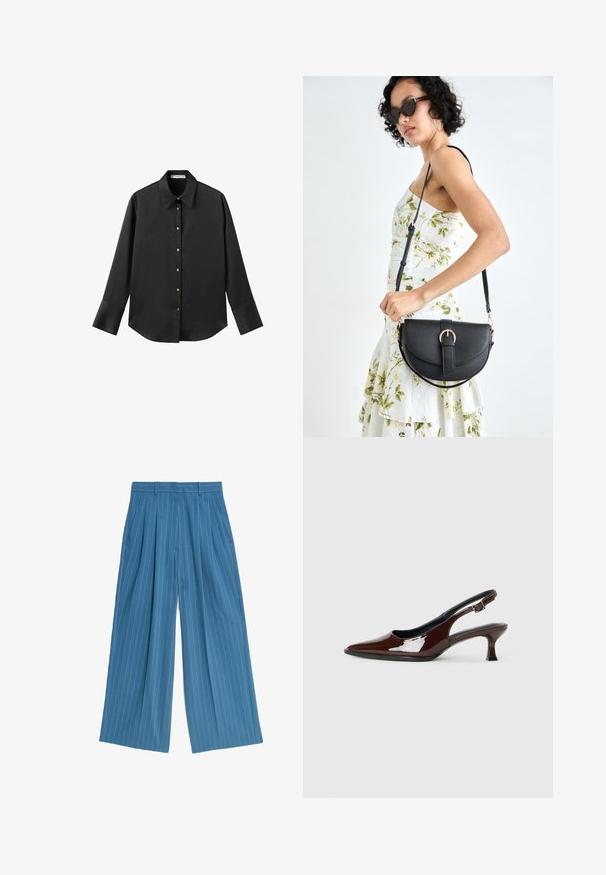 Zwarte lange mouwen shirt van gladde stof, met een klassieke kraag, een sluiting met knopen aan de voorkant met gouden knopen en brede manchetten.; Blauwe wijde broek met verticale witte streepjes, voorzien van voorplooien en zijzakken, gemaakt van soepele stof.; Bruine gepatineerde leren slingback-schoen met een spitse neus en een gematigd hakje. Voorzien van een gespsluiting voor een veilige pasvorm. Glad van textuur.; Zwarte leren handtas met een gebogen vorm, afneembare schouderband en gouden hardware. De tas heeft een klep met een gespsluiting.
