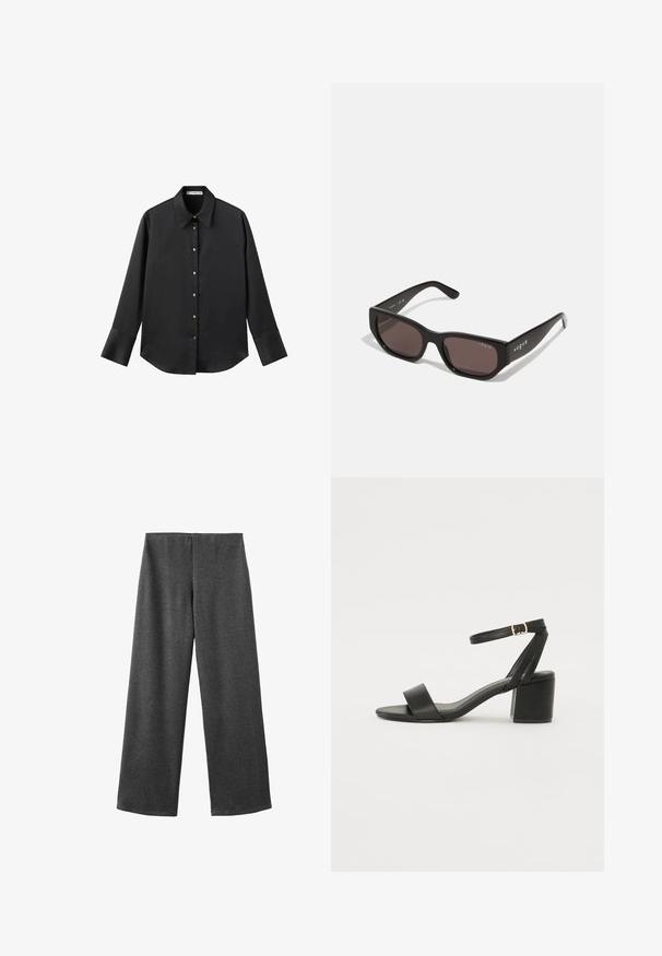 Črna majica z dolgimi rokavi iz gladkega materiala, z klasičnim ovratnikom, sprednjim zapiranjem na gumbe z zlatimi gumbi in širokimi manšetami.; Široke hlače iz temno sive tkanine z gladko teksturo. Imajo srednje visok pas in brez vidnih zapenjanj ali okrasnih elementov.; Črne sandale na peto z gladkim usnjenim zgornjim delom, odprtim nosom, širokimi sprednjimi trakovi in nastavljivim gležnjenčkom z zlatim zaponko.; Črne pravokotne sončne očala s temnimi lečami. Imajo gladek plastičen okvir in detajl logotipa na tempeljih. Čist, sodoben dizajn.