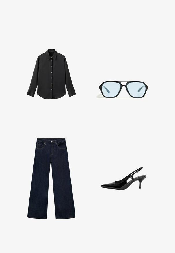 Čierna dlhá rukávová košeľa z hladkého materiálu, s klasickým golierom, predným zapínaním na gombíky so zlatými gombíkmi a širokými manžetami.; Tmavomodré široké džíny z denimu s vysokým pásom, ktoré majú päť vreciek, kovové zapínanie a viditeľné švy.; Čierne lakované lodičky na podpätku so špicatou špičkou, otvorenými bokmi, štíhlým podpätkom a nastaviteľným remienkom okolo členka.; Čierne slnečné okuliare s obdĺžnikovými rámami, modro sfarbenými sklami a charakteristickým dizajnom mostíka. Elegantný povrch, decentná Textúra.; Čierna kožená kabelka s zaobleným tvarom, odnímateľným popruhom a zlatými doplnkami. Kabelka má klopu s detailom s prackou.