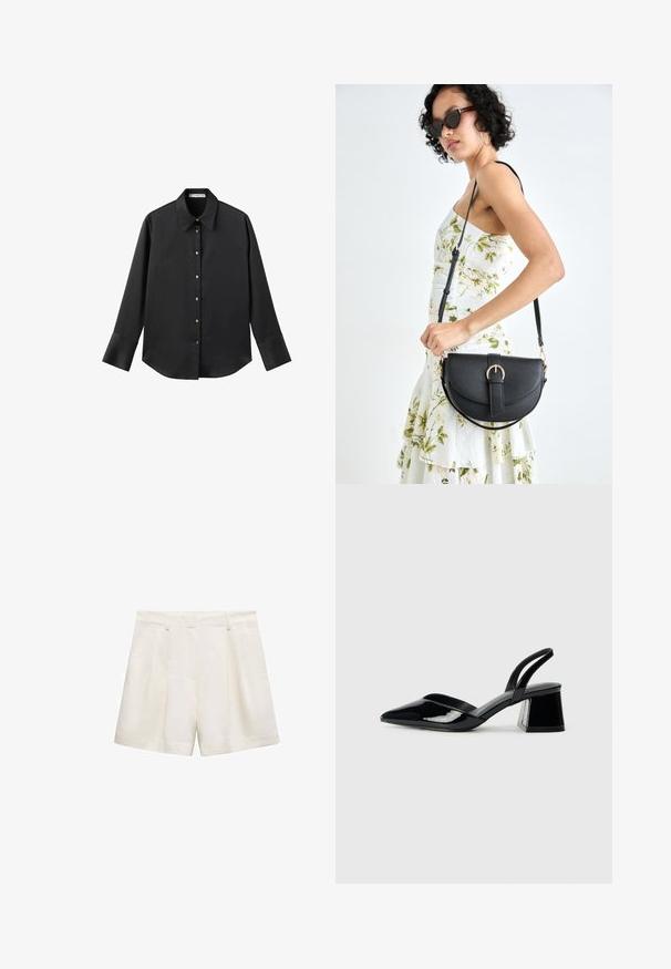 Zwarte lange mouwen shirt van gladde stof, met een klassieke kraag, een sluiting met knopen aan de voorkant met gouden knopen en brede manchetten.; Witte shorts gemaakt van een gladde stof, met een geplooid ontwerp, zijzakken en een zoom die net boven de knie valt.; Zwarte gepatineerde leren slingback hakken met een spitse neus en een geometrische blokhak. Kenmerkt zich door een slank, minimalistisch ontwerp en een gladde textuur.; Zwarte leren handtas met een gebogen vorm, afneembare schouderband en gouden hardware. De tas heeft een klep met een gespsluiting.