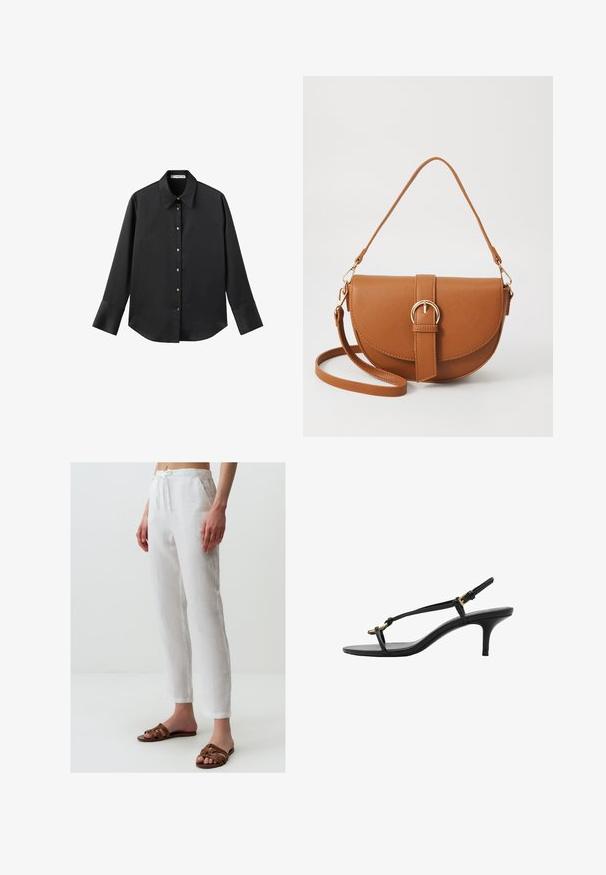 Maglietta nera a maniche lunghe in tessuto morbido, con colletto classico, chiusura frontale con bottoni dorati e polsini ampi.; Pantaloni bianchi in lino con vita regolabile, dotati di tasche e una vestibilità comoda. Abbinati a sandali marroni con cinturini. Tessuto liscio.; Sandal con zeppa kitten nera in pelle, con sottili cinturini, fibbia dorata e una minimalista fascetta per le dita su sfondo bianco.; Borsa a tracolla in pelle marrone con forma curvata, hardware dorato e un dettaglio con fibbia. Presenta una tracolla rimovibile.