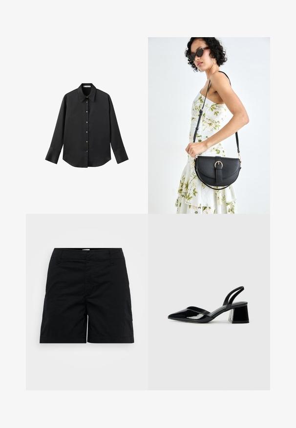 Crna košulja dugih rukava od glatkog materijala, s klasičnim ovratnikom, prednjim kopčanjem na dugmad u boji zlatne i širokim manžetnama.; Crne pamučne kratke hlače ravnog kroja, s pojasom, prednjim džepovima i minimalističkim dizajnom. Glatka tekstura bez vidljivih uzoraka.; Crne lakirane kožne sandale s otvorenom petom i špicastim vrhom, s geometrijskom blok petom. Imaju elegantan, minimalistički dizajn i glatku teksturu.; Crna kožna torba s lukovitim oblikom, odvojivim remenom i zlatnim detaljima. Torba ima preklop s kopčom.