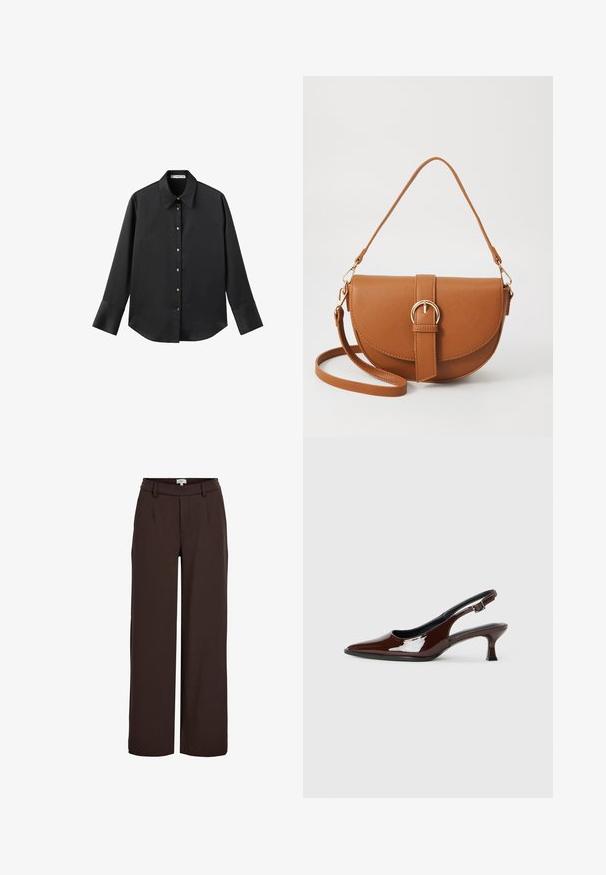 Chemise noire à manches longues en tissu lisse, dotée d'un col classique, d'une fermeture à boutons sur le devant avec des boutons dorés, et de larges poignets.; Object OBJLISA WIDE - Pantalon classique - java; Chaussure slingback en cuir verni marron avec un bout pointu et un talon modéré. Elle est dotée d'une sangle à boucle pour un ajustement sécuritaire. Texture lisse.; Sac bandoulière en cuir marron avec une forme incurvée, quincaillerie dorée et un accent en boucle. Comprend une bandoulière détachable.