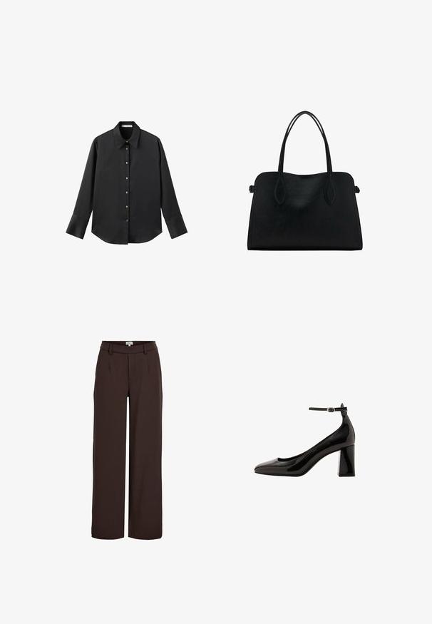Sort langærmet skjorte i glat stof, med klassisk krave, frontlukning med guldtonede knapper og brede manchetter.; Object OBJLISA WIDE - Bukser - java; Sorte patentlæder ankelstroppumpe med en blank finish, spidse tå og en tykk blokhæl. Glat tekstur, minimal udsmykning.; Sort læderhåndtaske med dobbelte skulderremme, rektangulær form og minimalistisk design på en hvid baggrund.