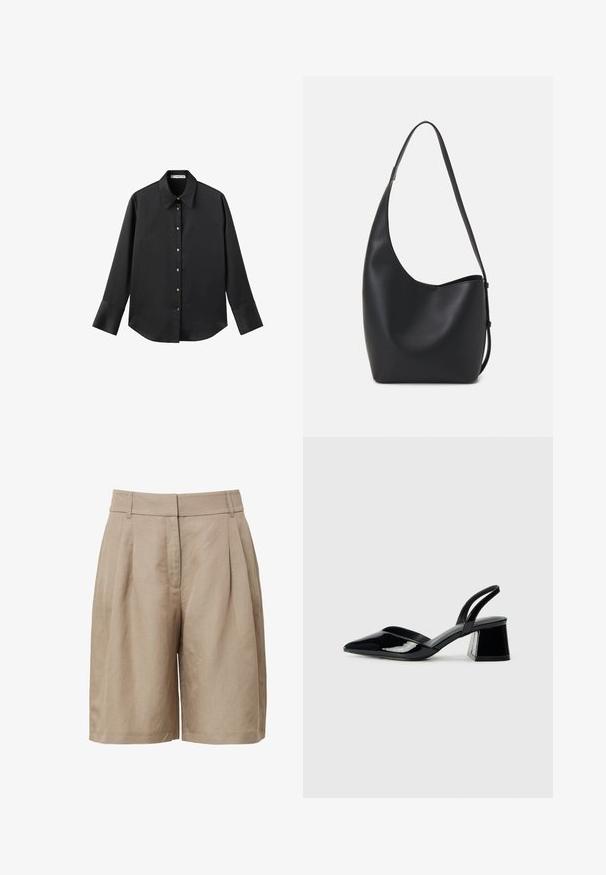 Chemise noire à manches longues en tissu lisse, dotée d'un col classique, d'une fermeture à boutons sur le devant avec des boutons dorés, et de larges poignets.; Shorts beige taille haute en tissu texturé, avec plis à l'avant et poches latérales, coupe droite.; Escarpins en cuir verni noir avec bout pointu et talon bloc géométrique. Présente un design élégant et minimaliste ainsi qu'une texture lisse.; Sac hobo en cuir noir avec une texture lisse, une forme incurvée et une seule sangle réglable ; dispose d'une large ouverture en haut.