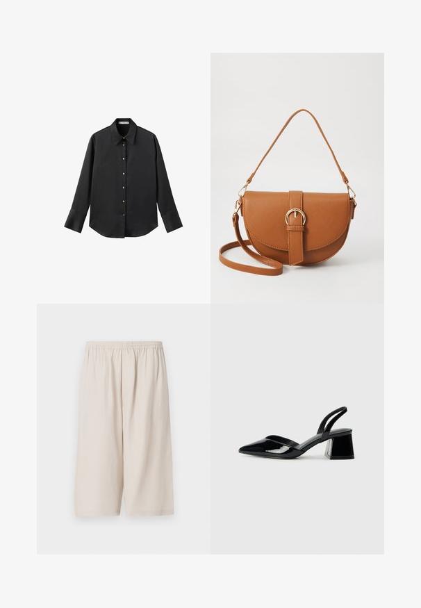 Crna košulja dugih rukava od glatkog materijala, s klasičnim ovratnikom, prednjim kopčanjem na dugmad u boji zlatne i širokim manžetnama.; Beige kratke hlače izrađene od lagane tkanine, s elastičnim pojasom, dužine do koljena i glatke teksture. Jednostavan dizajn bez uzoraka.; Crne lakirane kožne sandale s otvorenom petom i špicastim vrhom, s geometrijskom blok petom. Imaju elegantan, minimalistički dizajn i glatku teksturu.; Smeđa kožna torba preko tijela s zakrivljenim oblikom, zlatnim metalnim detaljima i naglaskom na kopču. Ima odvojivu naramenicu.