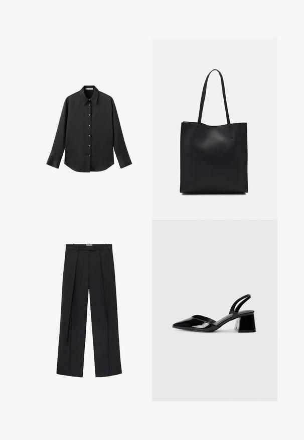Čierna dlhá rukávová košeľa z hladkého materiálu, s klasickým golierom, predným zapínaním na gombíky so zlatými gombíkmi a širokými manžetami.; Čierne široké nohavice vyrobené z hladkého materiálu, s prednými záhybmi, zipsovým uzáverom a pútkami na opasok, poskytujúce upravenú siluetu.; Čierne lakované kožené sandálové podpätky s špicatou špičkou a geometrickým blokovým podpätkom. Disponujú elegantným, minimalistickým dizajnom a hladkým povrchom.; Čierna kožená taška na rameno s hladkým povrchom, obdĺžnikovým tvarom a dvoma dlhými uchami. Bez viditeľného kovania alebo ozdôb.