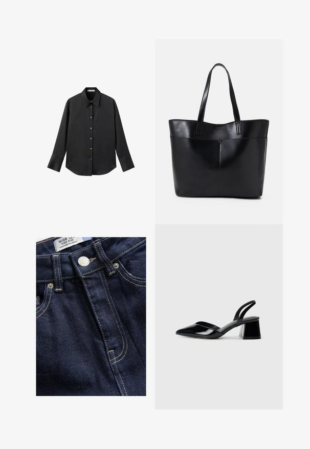 Cămașă neagră cu mâneci lungi dintr-un material neted, având un guler clasic, închidere frontală cu butoane aurii și manșete late.; Next WIDE - Wide leg - rinse; Pantofi cu toc slingback din piele lacuită neagră, cu vârf ascuțit și toc geometric. Prezintă un design elegant, minimalist și o textură netedă.; Geantă oversized din piele neagră, cu două mânere lungi, de textură netedă și formă structurată. Are un buzunar frontal pentru stocare suplimentară.