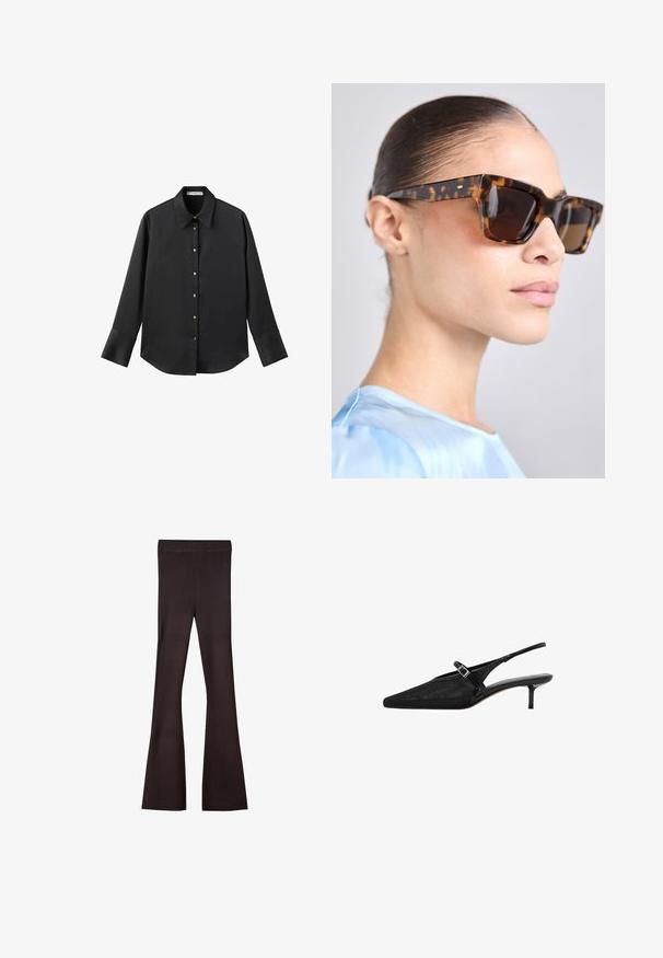 Zwarte lange mouwen shirt van gladde stof, met een klassieke kraag, een sluiting met knopen aan de voorkant met gouden knopen en brede manchetten.; Bershka Broek - dark brown; Zwarte slingback hakken met puntige neuzen, een gestructureerde mesh bovenkant, slanke verstelbare band met zilveren gesp en 5 cm stiletto hakken.; Schildpaddenbril met een robuust, rechthoekig montuur. Donkere lenzen en goudkleurige accenten op de veren. Gladde, glanzende afwerking.; Zwarte leren handtas met een gebogen vorm, afneembare schouderband en gouden hardware. De tas heeft een klep met een gespsluiting.