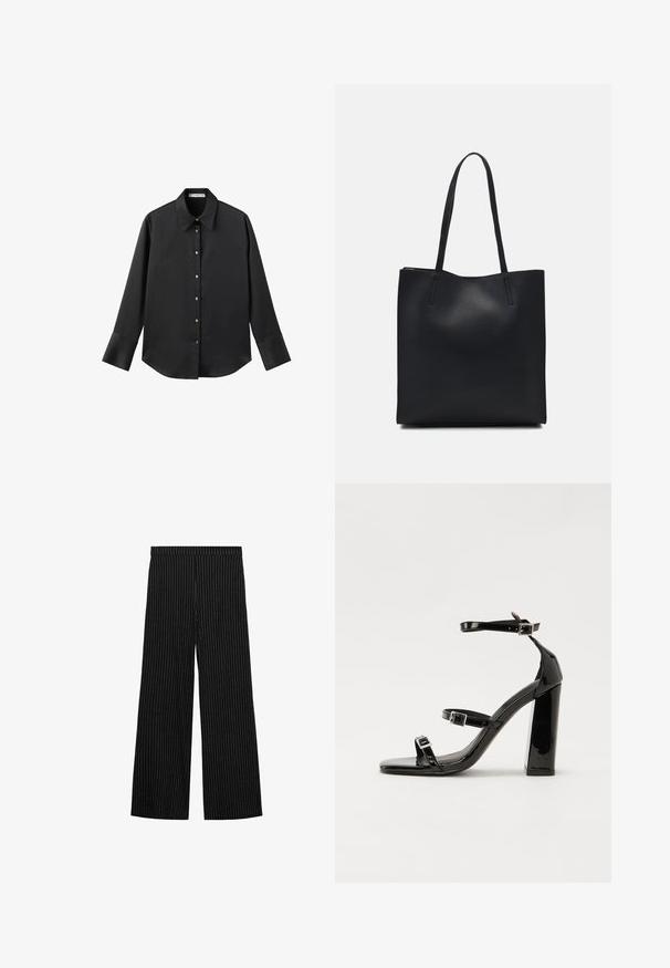 Black long-sleeve shirt in smooth fabric, featuring a classic collar, front button closure with gold-tone buttons, and wide cuffs.; Black wide-leg pants with a vertical pinstripe pattern. Elastic waist, lightweight fabric, and a smooth texture throughout.; Black patent heeled sandals with a square toe, ankle straps, and silver buckles. Features a chunky block heel for stability.; Black leather tote bag with smooth texture, rectangular shape, and two long handles. No visible hardware or embellishments.