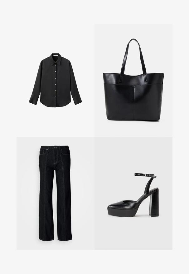 Crna košulja dugih rukava od glatkog materijala, s klasičnim ovratnikom, prednjim kopčanjem na dugmad u boji zlatne i širokim manžetnama.; Crne široke traperice izrađene od denima, s vidljivim šavovima, kopčanjem na dugme i dva prednja džepa. Glatka tekstura s ravnim krojem.; Crne platforme s potpeticom s oštrim vrhom i podešivom naramenicom. Izrađene od glatke kože, s masivnom blok petom.; Crna kožna torba s dugim ručkama, glatkom teksturom i strukturiranim oblikom. Ima prednju džep za dodatno pohranu.