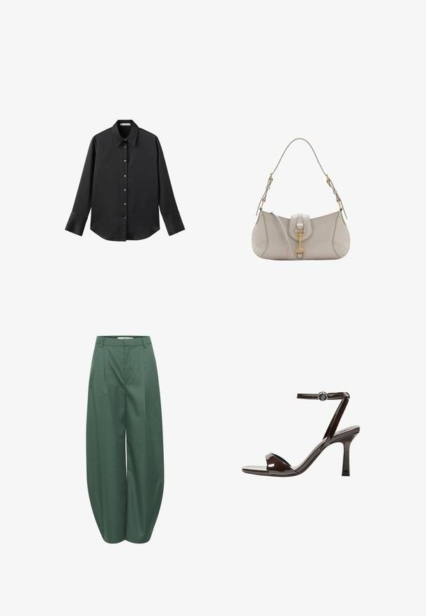 Svart långärmad skjorta i mjukt tyg, med klassisk krage, framknäppning med knappar i guldton och breda manschetter.; Gestuz CALLIA BARREL PANTS - Tygbyxor - posy green melange; Bruna lackläder högklackade sandaler med ankelrem, öppen tå och en elegant, minimalistisk design. Har en fyrkantig klack.; Ljusgrå läderhandväska med en böjd form, guldfärgad hårdvara, ett framfäste och sömnadsdetaljer. Justerbar axelrem ingår.