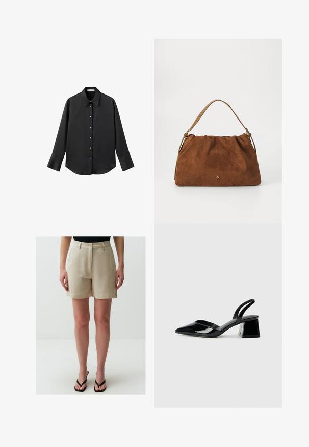 Schwarz langärmliges Hemd aus glattem Stoff, mit klassischem Kragen, frontaler Knopfleiste mit goldfarbenen Knöpfen und breiten Manschetten.; Jimmy Key HIGH WAIST WITH POCKETS - Shorts - stoned; Schwarze Lackleder-Slingback-High Heels mit spitzem Schuh und einem geometrischen Blockabsatz. Verfügt über ein schlankes, minimalistisches Design und eine glatte Textur.; Braune Wildlederhandtasche mit einem gerafften Design, ausgestattet mit einem einzelnen hellbraunen Ledertragegurt und einem subtilen goldenen Logo-Detail auf der Vorderseite.