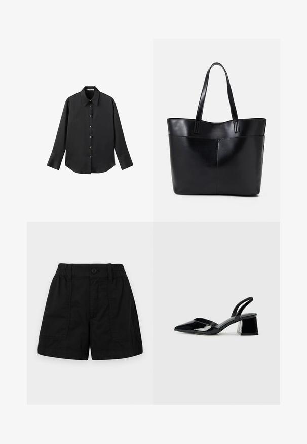 Black long-sleeve shirt in smooth fabric, featuring a classic collar, front button closure with gold-tone buttons, and wide cuffs.; Black cotton shorts with an elastic waistband and a button closure, featuring two front pockets and a straight cut. Smooth texture.; Black patent leather slingback heels with a pointed toe and a geometric block heel. Features a sleek, minimal design and smooth texture.; Black leather tote bag with two long handles, a smooth texture, and a structured shape. Features a front pocket for additional storage.
