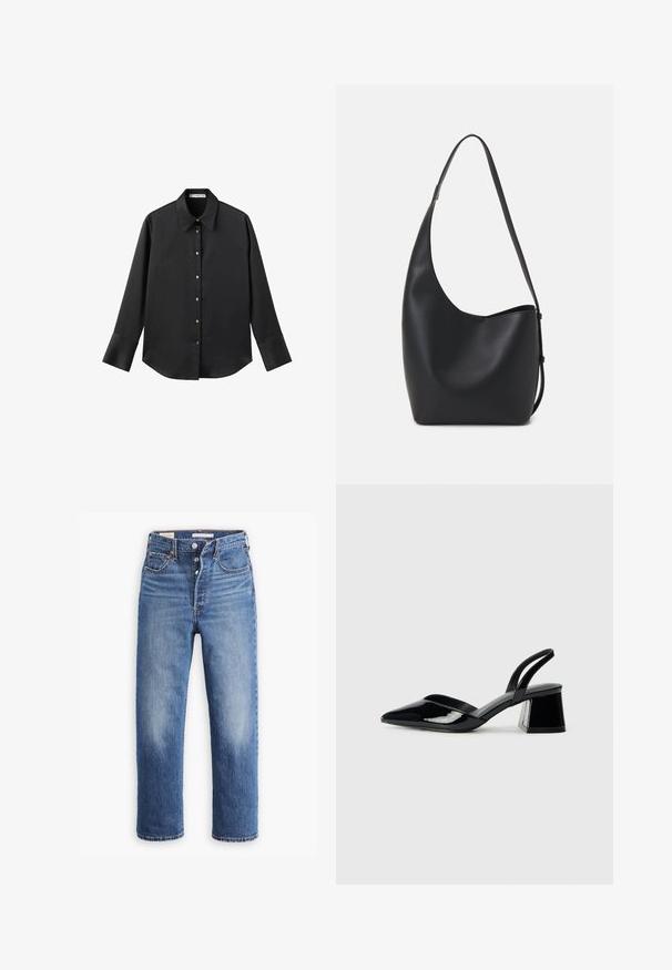 Black long-sleeve shirt in smooth fabric, featuring a classic collar, front button closure with gold-tone buttons, and wide cuffs.; Blue denim jeans with a high waist, straight leg design, and faded areas. Features front pockets and metal hardware.; Black patent leather slingback heels with a pointed toe and a geometric block heel. Features a sleek, minimal design and smooth texture.; Black leather hobo bag with a smooth texture, curved shape, and single adjustable strap; features a wide opening at the top.