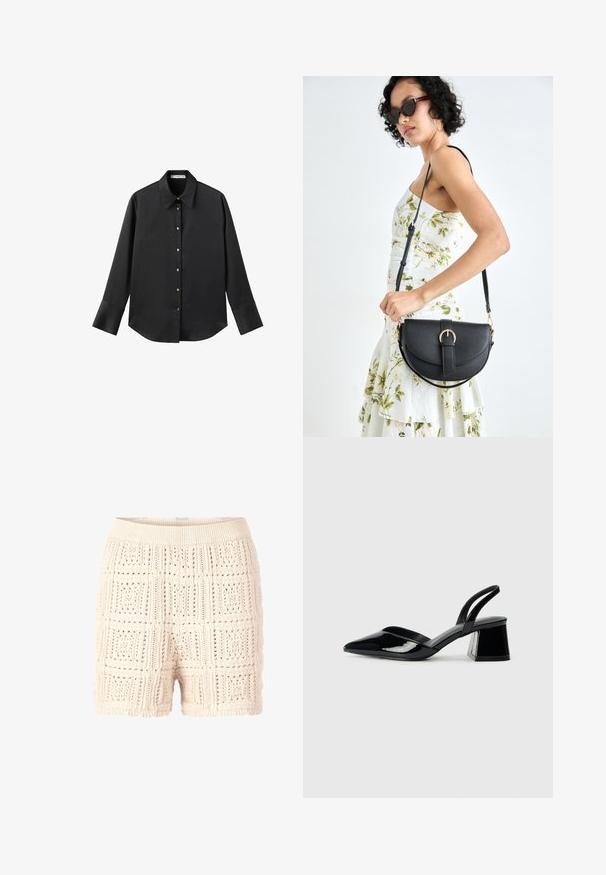 Cămașă neagră cu mâneci lungi dintr-un material neted, având un guler clasic, închidere frontală cu butoane aurii și manșete late.; Shorts tricotate în bej deschis cu un model texturat, de tip openwork. Dispun de un tiv ribatat și un tiv ondulat pentru detalii.; Pantofi cu toc slingback din piele lacuită neagră, cu vârf ascuțit și toc geometric. Prezintă un design elegant, minimalist și o textură netedă.; Geantă din piele neagră, cu o formă curbată, curea detașabilă și accesorii aurii. Geanta are un capac cu un detaliu tip cataramă.