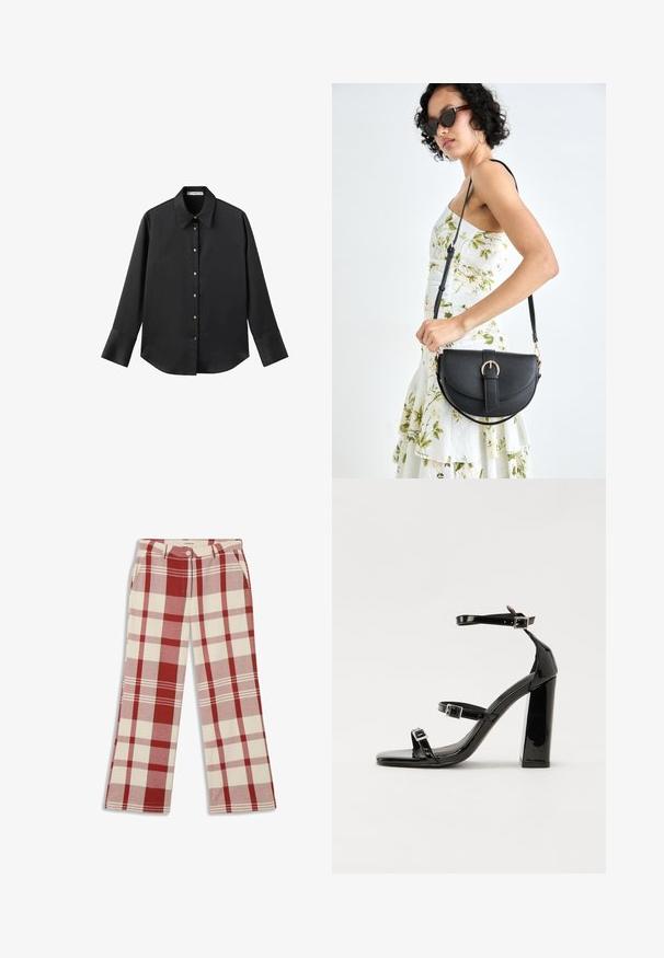 Black long-sleeve shirt in smooth fabric, featuring a classic collar, front button closure with gold-tone buttons, and wide cuffs.; Thinking Mu HERMIONE - Trousers - red; Black patent heeled sandals with a square toe, ankle straps, and silver buckles. Features a chunky block heel for stability.; Black leather handbag with a curved shape, detachable strap, and gold hardware. The bag features a flap with a buckle detail.