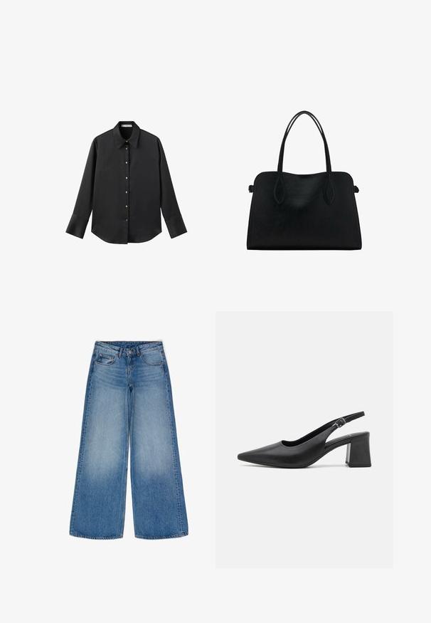 Zwarte lange mouwen shirt van gladde stof, met een klassieke kraag, een sluiting met knopen aan de voorkant met gouden knopen en brede manchetten.; Wijd gesneden blauwe denim jeans met een vervaagde was. Voorzien van stevige zakken, een hoge taille en een klassieke knoop- en ritssluiting.; Zwarte leren slingback hak schoen met een puntige neus en een stevige blokhak. Beschikt over een verstelbare band met een metalen gesp.; Zwarte leren handtas met dubbele schouderriemen, rechthoekige vorm en minimalistisch ontwerp op een witte achtergrond.