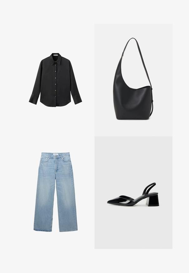 Črna majica z dolgimi rokavi iz gladkega materiala, z klasičnim ovratnikom, sprednjim zapiranjem na gumbe z zlatimi gumbi in širokimi manšetami.; Svijetloplave široke traperice izrađene od denima. Imaju visoki struk, pet džepova i dugme za kopčanje na prednjem dijelu. Imaju izlizanu teksturu.; Črne lakirane slingback pete s koničastim nosom in geometrijsko blokasto peto. Imajo eleganten, minimalističen dizajn in gladko teksturo.; Črna usnjena hobo torba z gladko teksturo, ukrivljeno obliko in eno nastavljivo naramnico; ima širok odprtina na vrhu.