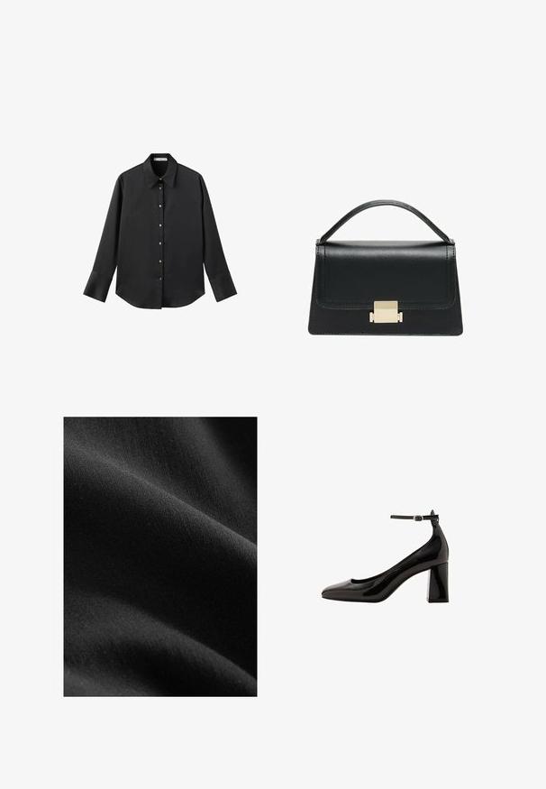 Crna košulja dugih rukava od glatkog materijala, s klasičnim ovratnikom, prednjim kopčanjem na dugmad u boji zlatne i širokim manžetnama.; Crni materijal s glatkom, mat teksturom, prikazuje suptilne varijacije u nijansama i vlaknima, drapiran kako bi otkrio meke krivulje i dubinu.; Crne lakirane cipele s remenom oko gležnja i sjajnom završnom obradom, s šiljastim vrhom i debelim blok-potpeticom. Glatka tekstura, minimalno detalja.; Crna kožna torba s strukturiranim dizajnom, gornjom drškom i zlatnim metalnim kopčanjem na prednjoj strani. Glatka tekstura, minimalno šivanje.