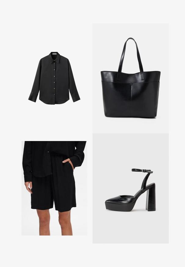 Cămașă neagră cu mâneci lungi dintr-un material neted, având un guler clasic, închidere frontală cu butoane aurii și manșete late.; Shorts negri, cu croi lejer, fabricate dintr-un material moale, cu talie elastică și buzunare laterale; asortați cu o cămașă cu butoni, pe aceeași nuanță.; Pantofi cu toc platformă negri, cu vârful ascuțit și curea reglabilă la gleznă. Confecționați din piele netedă, având un toc gros.; Geantă oversized din piele neagră, cu două mânere lungi, de textură netedă și formă structurată. Are un buzunar frontal pentru stocare suplimentară.