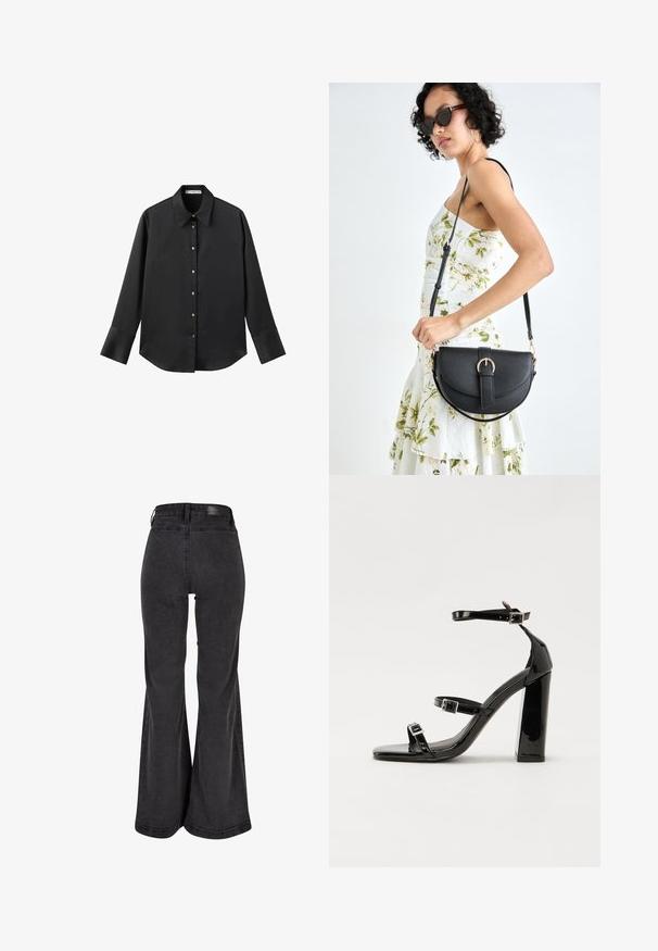 Crna košulja dugih rukava od glatkog materijala, s klasičnim ovratnikom, prednjim kopčanjem na dugmad u boji zlatne i širokim manžetnama.; Crne traperice s lepršavim nogavicama, glatke teksture, visokog struka i s brendiranim logom na stražnjem dijelu. Imaju široki kroj i ojačane šavove.; Crne lakirane sandale na pete sa kvadratnim nosom, trakama oko gležnja i srebrnim kopčama. Imaju čvrst blok petu za stabilnost.; Crna kožna torba s lukovitim oblikom, odvojivim remenom i zlatnim detaljima. Torba ima preklop s kopčom.