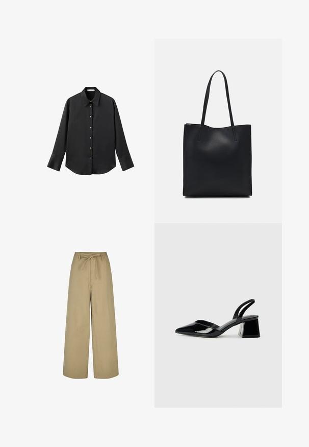 Chemise noire à manches longues en tissu lisse, dotée d'un col classique, d'une fermeture à boutons sur le devant avec des boutons dorés, et de larges poignets.; Pantalons larges beiges à taille haute, avec un lien de serrage et deux poches latérales, fabriqués dans un tissu lisse et léger.; Escarpins en cuir verni noir avec bout pointu et talon bloc géométrique. Présente un design élégant et minimaliste ainsi qu'une texture lisse.; Sac fourre-tout en cuir noir avec une texture lisse, de forme rectangulaire et deux longues poignées. Pas de matériel ou d'ornementations visibles.