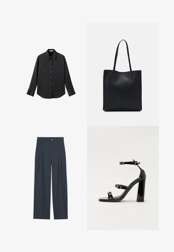 Zwarte lange mouwen shirt van gladde stof, met een klassieke kraag, een sluiting met knopen aan de voorkant met gouden knopen en brede manchetten.; Wijduitlopende broeken van gestructureerde donkergrijze stof, met voren geplooide details, een knoopsluiting en praktische zijzakken.; Zwarte gepatenteerde sandalen met hak en een vierkante neus, enkelbandjes en zilveren gespen. Heeft een stevige blokhak voor stabiliteit.; Zwarte leren handtas met een gladde textuur, rechthoekige vorm en twee lange handvaten. Geen zichtbare hardware of versieringen.