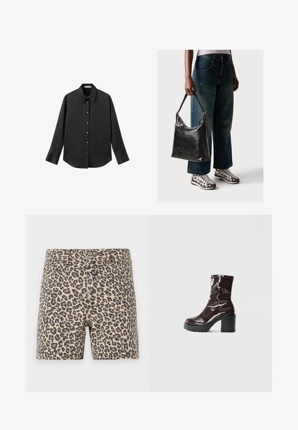 Maglietta nera a maniche lunghe in tessuto morbido, con colletto classico, chiusura frontale con bottoni dorati e polsini ampi.; Shorts in denim con stampa leopardata beige e nera. Design classico a cinque tasche con chiusura a bottone e passanti per cintura. Texture liscia.; Stivale alla caviglia bordeaux lucido con un tacco spesso nero, caratterizzato da una superficie liscia e un design semplice. Nessuna chiusura visibile o motivo.; Borsa a tracolla nera in pelle con una texture liscia e tracolla regolabile, abbinata a jeans ampi sbiaditi e sneakers sportive.