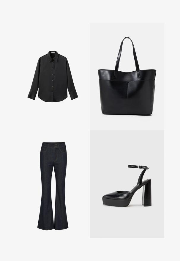 Black long-sleeve shirt in smooth fabric, featuring a classic collar, front button closure with gold-tone buttons, and wide cuffs.; Dark blue flared jeans made of denim. Features front pockets, visible stitching, and a button closure at the waist. Smooth texture.; Black platform heels with a pointed toe and adjustable ankle strap. Constructed from smooth leather, featuring a chunky block heel.; Black leather tote bag with two long handles, a smooth texture, and a structured shape. Features a front pocket for additional storage.