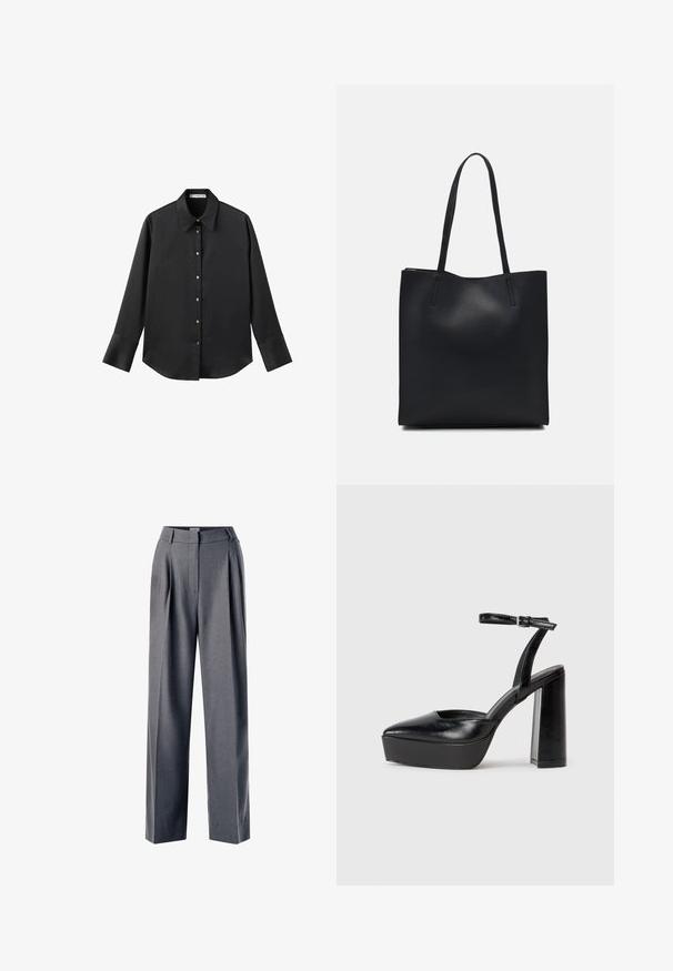 Maglietta nera a maniche lunghe in tessuto morbido, con colletto classico, chiusura frontale con bottoni dorati e polsini ampi.; Pantaloni grigi su misura con frontale plissettato, design a gamba larga e texture liscia, con vita piatta e tasche laterali.; Tacchi a piattaforma neri con punta appuntita e cinturino regolabile alla caviglia. Realizzati in pelle liscia, presentano un tacco a blocco spesso.; Borsa tote in pelle nera con texture liscia, forma rettangolare e due manici lunghi. Nessun hardware o decorazione visibile.