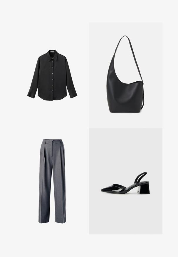 Cămașă neagră cu mâneci lungi dintr-un material neted, având un guler clasic, închidere frontală cu butoane aurii și manșete late.; Pantaloni gri, confectionați pe măsură, cu un fason plisat în față, cu picioare largi și o textură netedă, având un talie plată și buzunare laterale.; Pantofi cu toc slingback din piele lacuită neagră, cu vârf ascuțit și toc geometric. Prezintă un design elegant, minimalist și o textură netedă.; Geantă hobo din piele neagră, cu o textură netedă, formă curbată și un singur bretele ajustabil; are o deschidere largă în partea de sus.