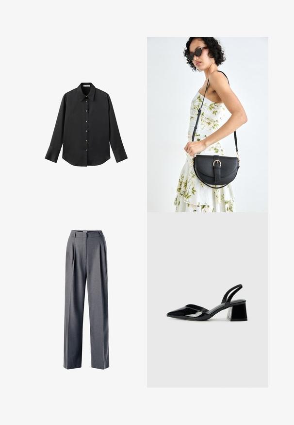 Svart långärmad skjorta i mjukt tyg, med klassisk krage, framknäppning med knappar i guldton och breda manschetter.; Grå skräddarsydda byxor med veckad front, bred bendesign och slät yta, med en platt midja och sidofickor.; Svarta lackläder slingback klackar med spetsig tå och geometrisk klack. Har en elegant, minimalistisk design och slät yta.; Svart läderhandväska med en böjd form, avtagbar rem och guldiga detaljer. Väskan har ett lock med en spänndetalj.