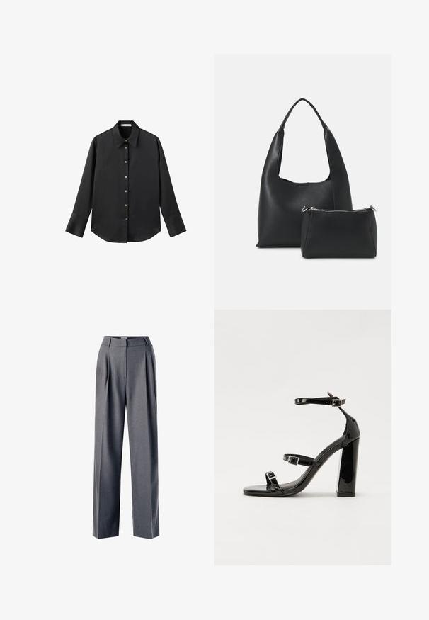 Black long-sleeve shirt in smooth fabric, featuring a classic collar, front button closure with gold-tone buttons, and wide cuffs.; Gray tailored trousers with a pleated front, wide leg design, and smooth texture, featuring a flat waistband and side pockets.; Black patent heeled sandals with a square toe, ankle straps, and silver buckles. Features a chunky block heel for stability.; Even&Odd Handbag - black