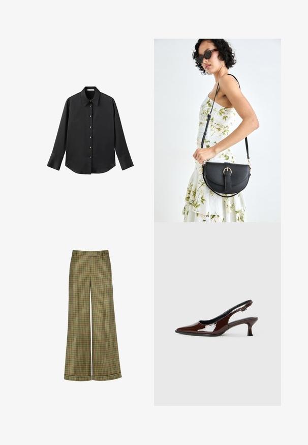 Crna košulja dugih rukava od glatkog materijala, s klasičnim ovratnikom, prednjim kopčanjem na dugmad u boji zlatne i širokim manžetnama.; Luisa Spagnoli OSPITALITA - Hlače - verde bosco; Smeđe patentne kožne cipele s otvorenom petom, špicastim vrhom i umjerenom petom. Imaju remen s kopčom za sigurno pristajanje. Glatka tekstura.; Crna kožna torba s lukovitim oblikom, odvojivim remenom i zlatnim detaljima. Torba ima preklop s kopčom.