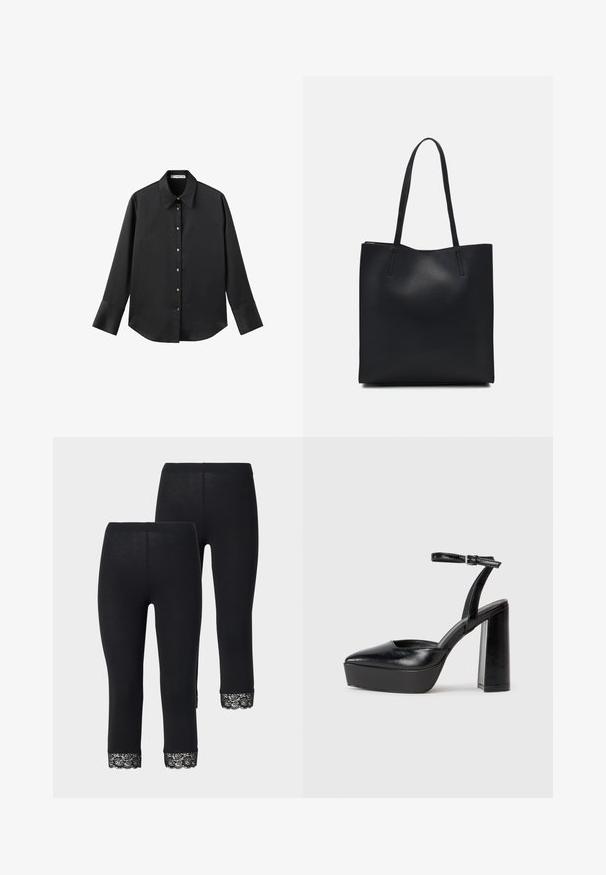 Svart långärmad skjorta i mjukt tyg, med klassisk krage, framknäppning med knappar i guldton och breda manschetter.; Svarta leggings med en figurnära design, med spetsdetaljer vid nederkanten, tillverkade av ett mjukt, elastiskt material.; Svarta plattformsskor med spetsig tå och justerbart vristband. Tillverkade av mjukt läder, med en kraftig blockklack.; Svart lädertoffelväska med slät textur, rektangulär form och två långa handtag. Ingen synlig hårdvara eller dekorationer.