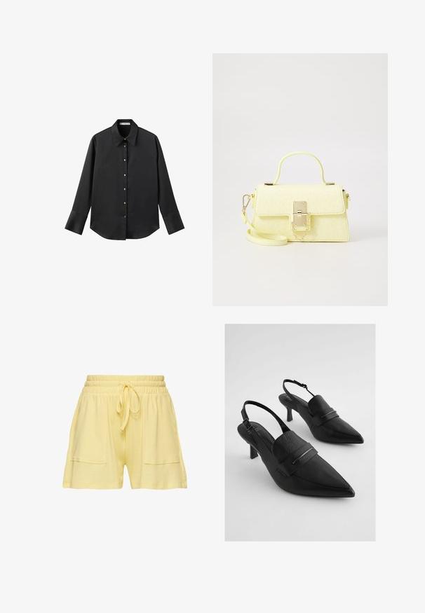Chemise noire à manches longues en tissu lisse, dotée d'un col classique, d'une fermeture à boutons sur le devant avec des boutons dorés, et de larges poignets.; Shorts en tricot jaunes avec une taille élastique et un cordon de serrage, dotés de deux poches latérales et d'un design en tissu texturé à côtes.; Escarpins slingback en cuir noir avec bouts pointus, présentant une large sangle avant et un accent en métal argenté. Fini texturé, talon moyen.; Sac à main en simili cuir jaune avec une surface texturée, des accessoires en métal doré, une poignée supérieure et une bandoulière amovible. Il est doté d'une fermeture à fermoir.