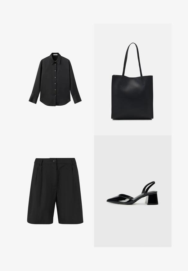 Zwarte lange mouwen shirt van gladde stof, met een klassieke kraag, een sluiting met knopen aan de voorkant met gouden knopen en brede manchetten.; Zwarte shorts met een op maat gemaakte ontwerp, met voorplooien, een vlakke voorkant en een enkele knoopsluiting. Gladde stof textuur.; Zwarte gepatineerde leren slingback hakken met een spitse neus en een geometrische blokhak. Kenmerkt zich door een slank, minimalistisch ontwerp en een gladde textuur.; Zwarte leren handtas met een gladde textuur, rechthoekige vorm en twee lange handvaten. Geen zichtbare hardware of versieringen.