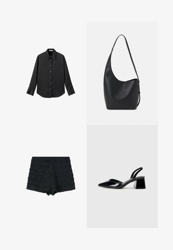 Černá dlouhá rukávová košile z hladkého materiálu, s klasickým límečkem, předním zapínáním na knoflíky ve zlatém tónu a širokými manžetami.; Černé šortky z texturované, zmačkané látky s horizontálními volány a vlnitým lemem. Elastický pas pro pohodlné nošení.; Černé lakované kožené lodičky na pásku s špičatou špičkou a geometrickým blokovým podpatkem. Vyznačují se elegantním, minimalistickým designem a hladkým povrchem.; Černá kožená hobo taška s hladkým povrchem, zakřiveným tvarem a jedním nastavitelným popruhem; má široké otevírání nahoře.